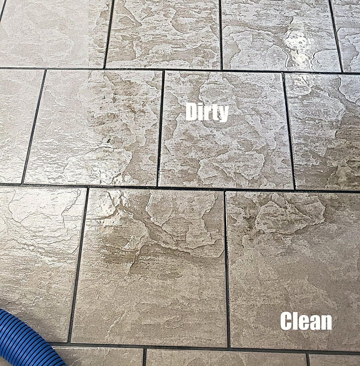 Tile floor half cleaned: dirty grout on one side, clean on the other